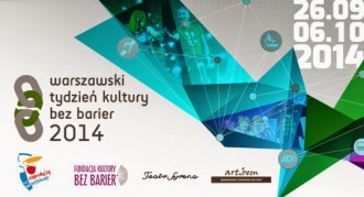 Plakat Warszawskiego tygodnia kultury bez barier. Po prawej stronie kolorowe figury geometryczne i data. Na dole loga organizatorów festiwalu.