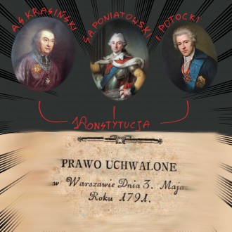 Na górze trzy portrety z podpisami: A. S. Krasiński, S. A. Poniatowski, I. Potocki, od których biegną linię łączące się z napisem "Konstytucja". Niżej fragment starodruku z napisem: "Prawo uchwalone w Warszawie dnia 3 maja roku 1791". 