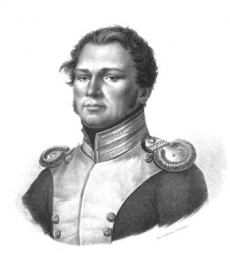 Ilustracja czarno-biała. Piotr Wysocki w wieku 33 lat. w mundurze podporucznika armii Królestwa Polskiego.