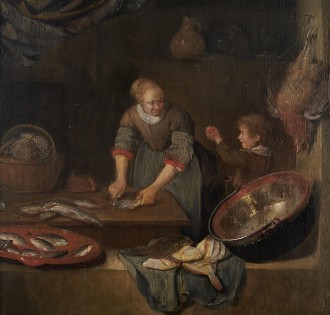 Obraz "Kobieta z dzieckiem oprawiająca ryby" Nieokreślony autor
