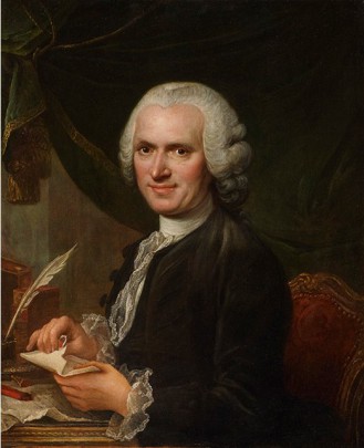 Obraz z epoki. Portret Jeana-Jacquesa Rousseau. Mężczyzna uśmiecha się w kierunku widza, siedząc w fotelu przy biurku i zaklejając kopertę.