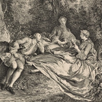 Reprodukcja ryciny - dwie kobiety i mężczyzna odpoczywają w parku. Kobieta na pierwszym planie czyta książkę.